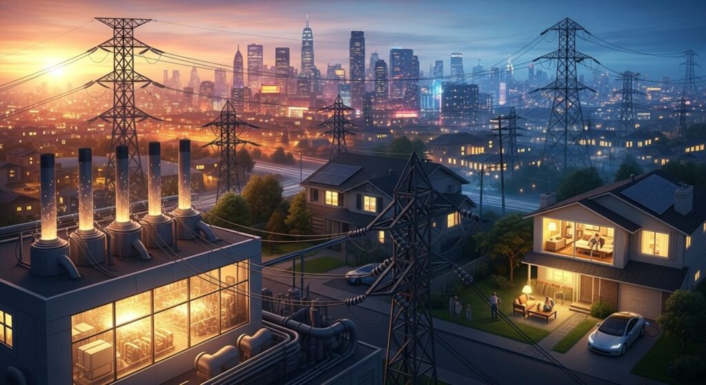 Elektrik enerjisinin kullanım alanlarını gösteren şehir ve sanayi temsili görsel